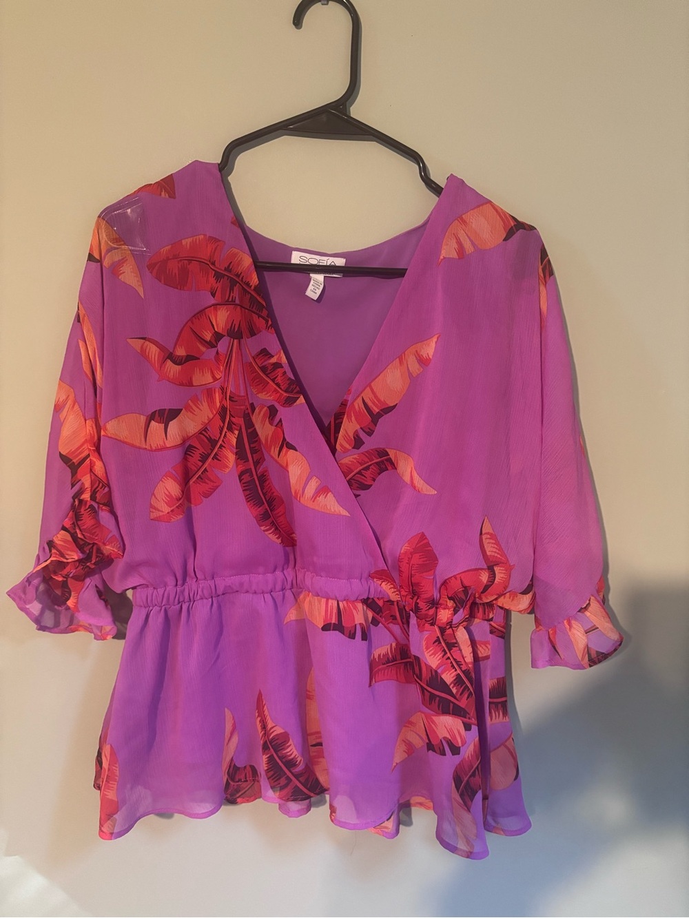sofia by sofia vergara Purple Tropical Wrap Peplum Top
